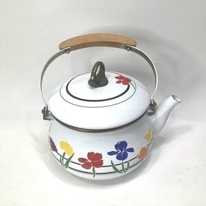 Lillefors Tea Kettle Enamel Floral White‎ Wood Handle Gailstyn-Sutton Vintage